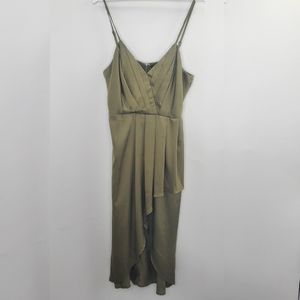 LULU'S Printed Spaghetti Strap Olive Satin V Neck Faux Wrap Dress Wedding Guest
